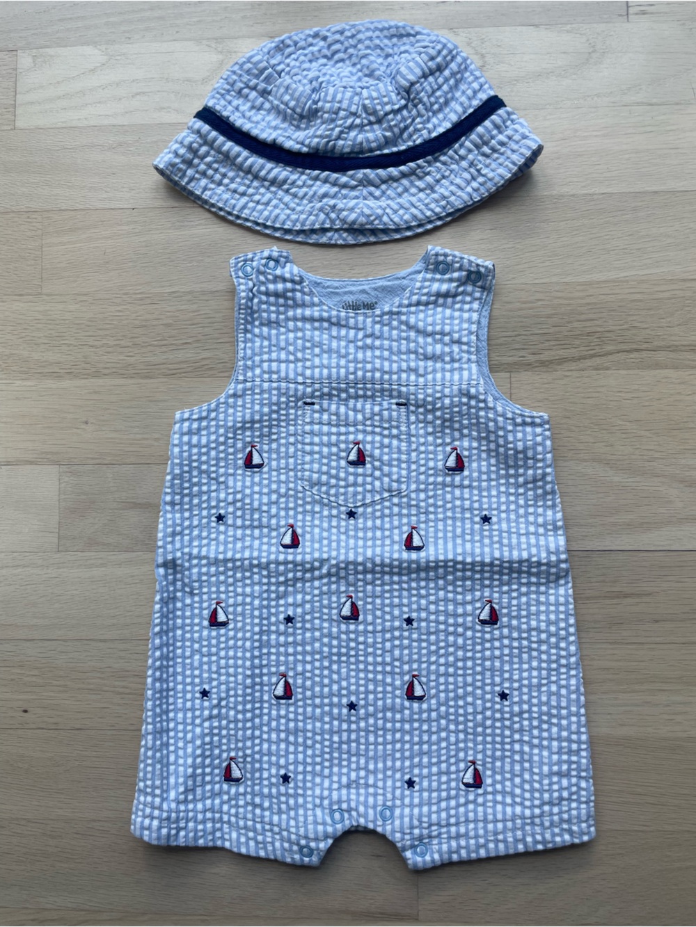 Little Me Seersucker Sailboat Romper with Matching Bucket Hat